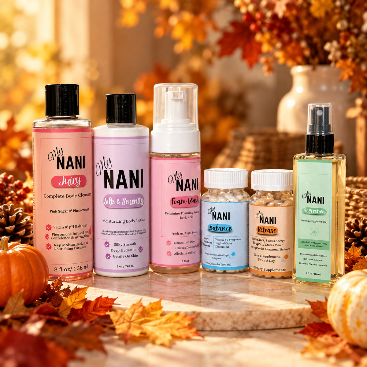 Six-piece My Nani Mega Set: Juicy Wash, Silk & Serenity Lotion, Foam Wash, Balance, Release, and Refresher Spray in an autumn setting